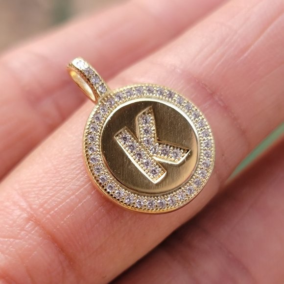 Shiny letter K pave set CZ diamonds 925 sterling silver gold vermeil disc neckla - Picture 10 of 10